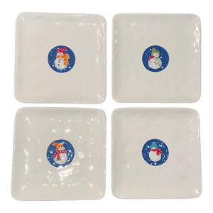 St. Nicholas Square Snowman Plates Set of 4 White Blue